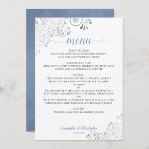 Elegant Silver Lace Dusty Blue on White Wedding Menu