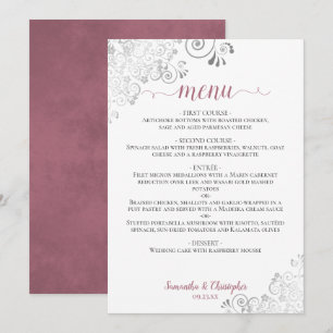 Elegant Silver Lace Dusty Rose on White Wedding Menu