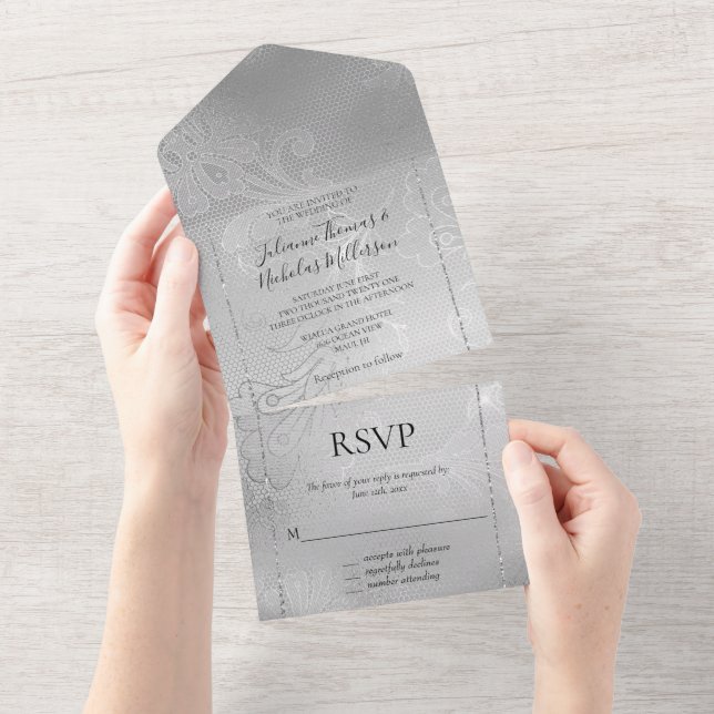 Elegant Silver Lace Floral All In One Invitation (Tearaway)