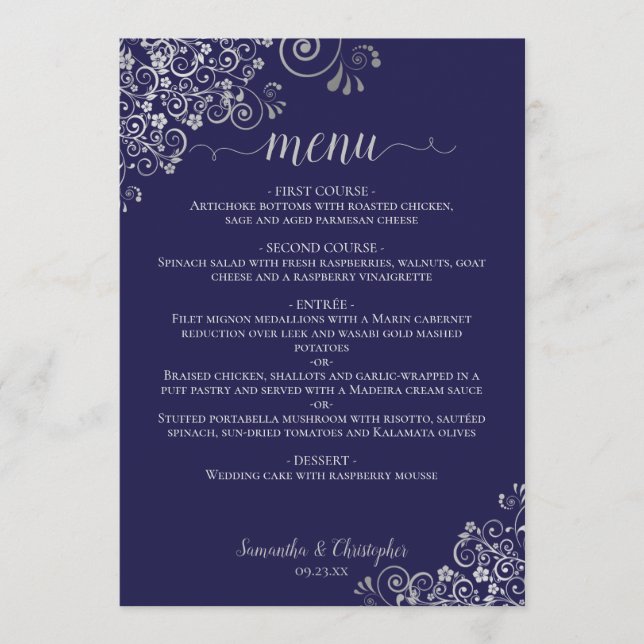 Elegant Silver Lace Frills on Navy Blue Wedding Menu (Front)