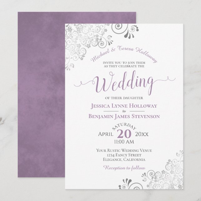 Elegant Silver Lace Lavender Formal White Wedding Invitation (Front/Back)