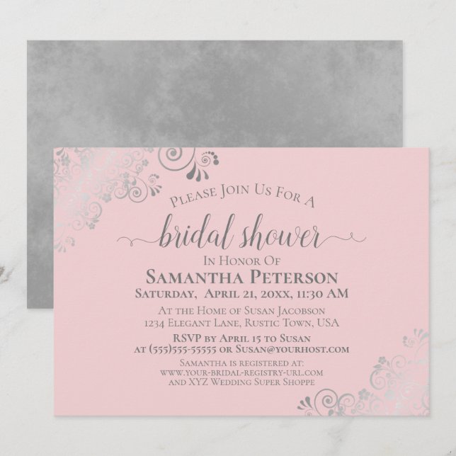 Elegant Silver Lace on Blush Pink Bridal Shower Invitation (Front/Back)