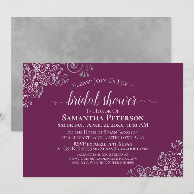 Elegant Silver Lace on Cassis Purple Bridal Shower Invitation (Front/Back)