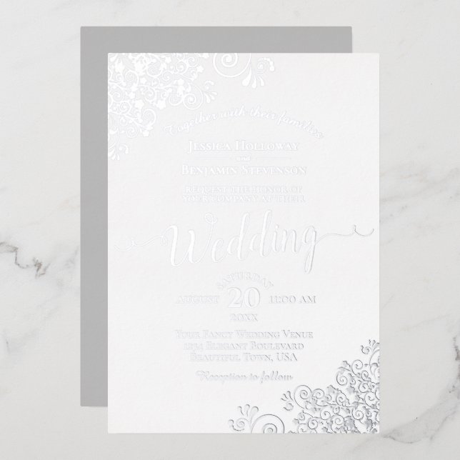 Elegant Silver Lace on Classic White Wedding (Front/Back)
