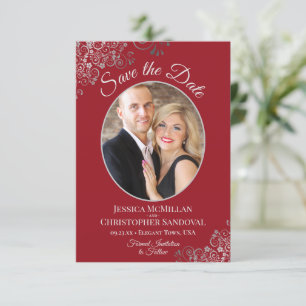 Elegant Silver Lace on Crimson Red Photo Wedding Save The Date