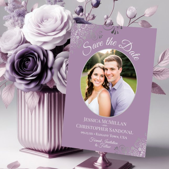 Elegant Silver Lace & Photo on Lavender Wedding Save The Date (Creator Uploaded)