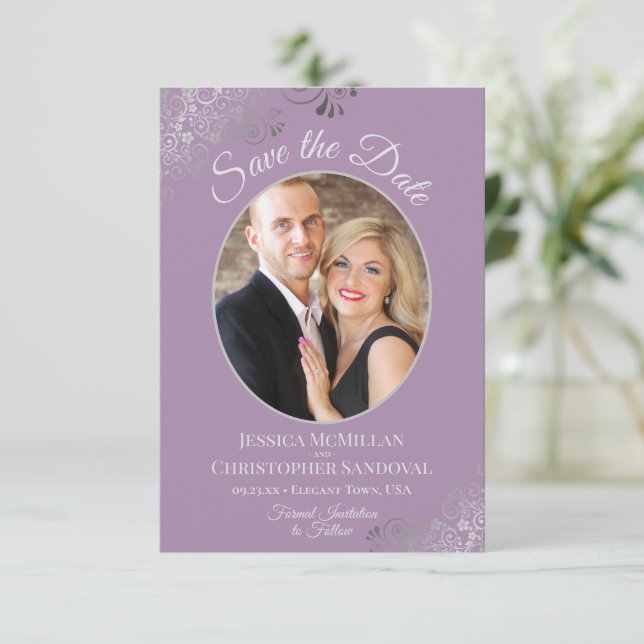 Elegant Silver Lace & Photo on Lavender Wedding Save The Date (Standing Front)