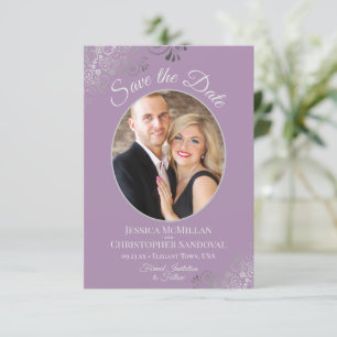 Elegant Silver Lace & Photo on Lavender Wedding Save The Date