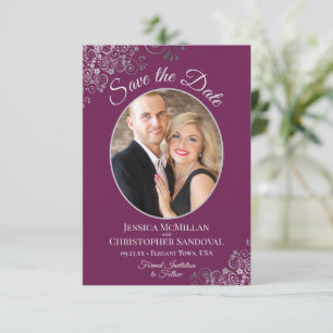 Elegant Silver Lace & Photo on Magenta Wedding Save The Date