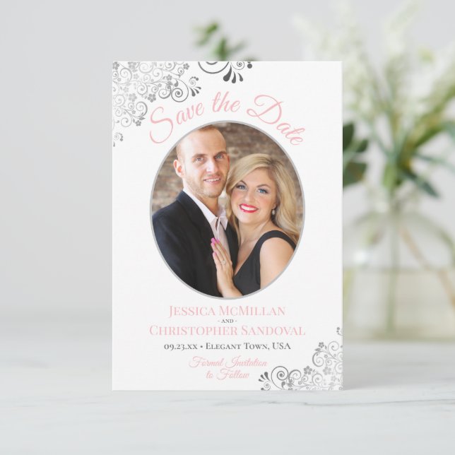 Elegant Silver Lace Photo Pink Grey White Wedding Save The Date (Standing Front)