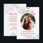 Elegant Silver Lace Photo Red on White Wedding Save The Date<br><div class="desc">These beautiful cards are a great way to let your friends and family know to save the date for your upcoming wedding. They feature an elegant red and white design with your photo in an oval shaped frame surrounded by silver grey lace frills and fancy script lettering with your names,...</div>