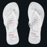Elegant Silver Lace & Red Maid of Honour Wedding Flip Flops<br><div class="desc">These cute flip flops are a fun way to thank and recognize the Maid of Honour at your wedding. Features an elegant design with silver grey lace on a white background and fancy crimson red script lettering. There is room for her name and title, as well as the names of...</div>