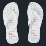 Elegant Silver Lace & Red Maid of Honour Wedding Flip Flops<br><div class="desc">These cute flip flops are a fun way to thank and recognize the Maid of Honour at your wedding. Features an elegant design with silver grey lace on a white background and fancy crimson red script lettering. There is room for her name and title, as well as the names of...</div>