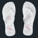 Elegant Silver Lace Red Script Bridesmaid Wedding Flip Flops<br><div class="desc">These cute flip flops are a fun way to thank and recognize the bridesmaids at your wedding. Features an elegant design with silver grey lace on a white background and fancy crimson red script lettering. There is room for her name and title, as well as the names of the wedding...</div>
