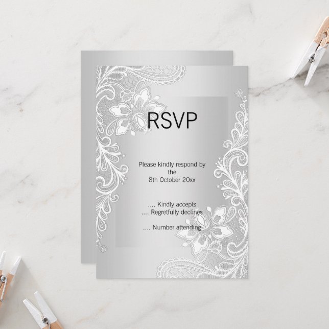 ELEGANT SILVER LACE RSVP  INVITATION (Front/Back In Situ)