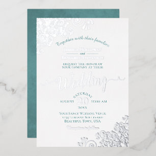 Elegant Silver Lace & Teal on White Wedding