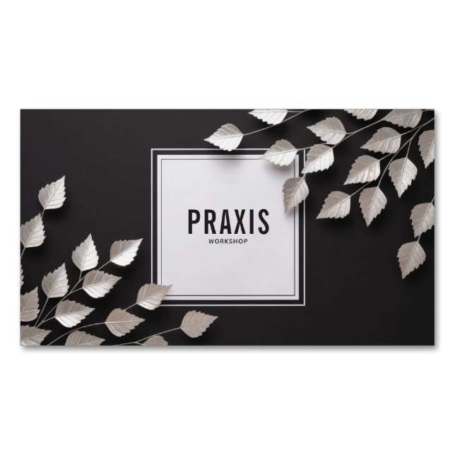 Elegant Silver Leaf Branch Minimalist Black Magnetic Business Card (Front)