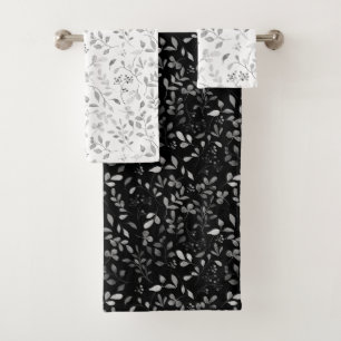 Elegant Silver Leafy Print on White Black Bath Towel Set