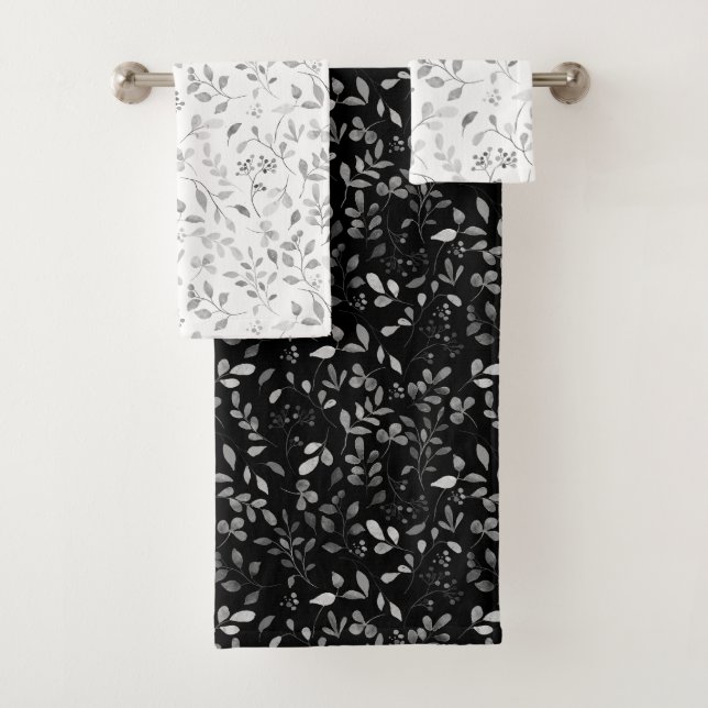 Elegant Silver Leafy Print on White Black Bath Towel Set (Insitu)