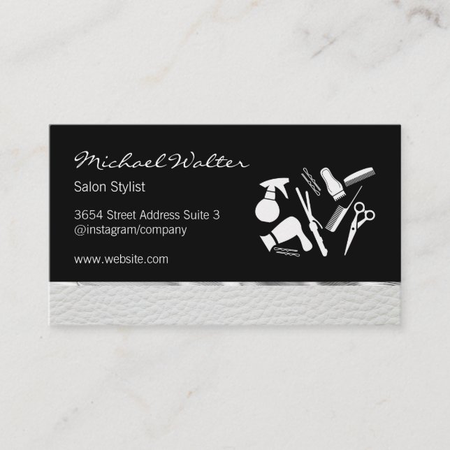 Elegant Silver Leather Trim Salon Stylist Business Card (Front)