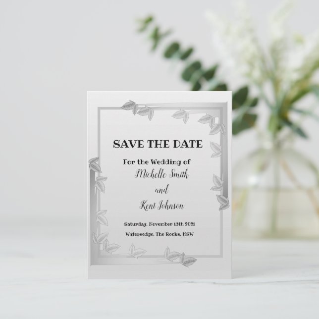 Elegant Silver Leaves Save The Date Flat Card (Standing Front)