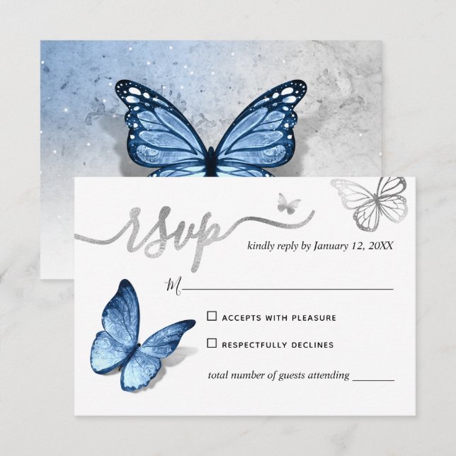Elegant Silver Light Baby Blue Butterfly Wedding RSVP Card (Front/Back)