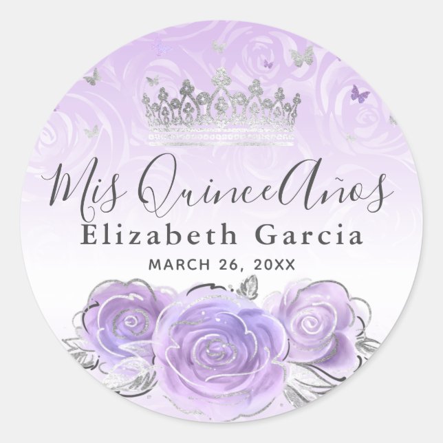 Elegant Silver Light Purple Template Quinceanera Classic Round Sticker (Front)