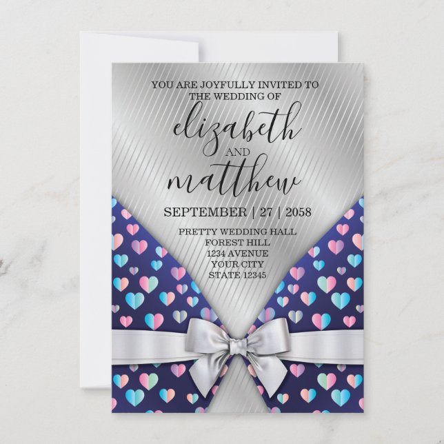 Elégant Silver Lines Invitation Bow et Coeur Spec (Devant)