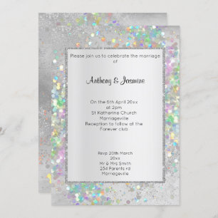 ELEGANT SILVER MARBLE HOLOGRAPHIC PASTEL WEDDING INVITATION