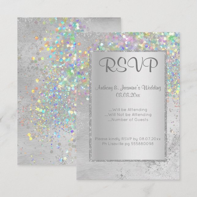 ELEGANT SILVER MARBLE HOLOGRAPHIC RSVP INVITATION (Front/Back)