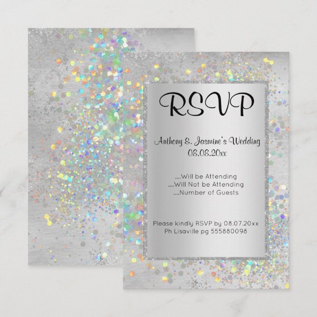 ELEGANT SILVER MARBLE HOLOGRAPHIC RSVP  INVITATION (Front/Back)