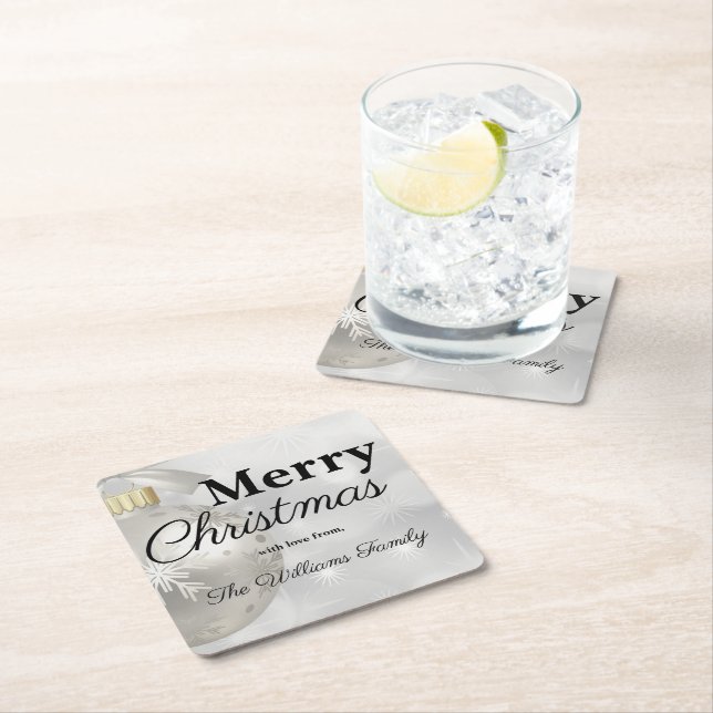 Elegant Silver Merry Christmas Holiday Party Square Paper Coaster (Insitu)