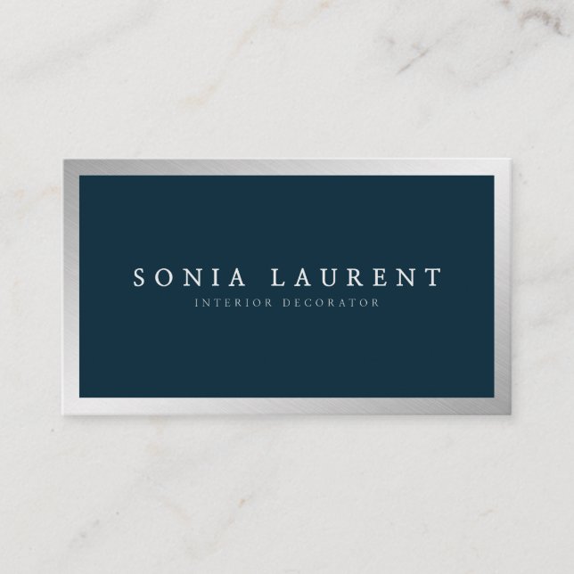 Elegant silver metallic navy blue minimalist business card (Front)