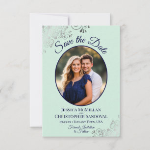 Elegant Silver Mint & Navy Oval Photo Wedding Save The Date