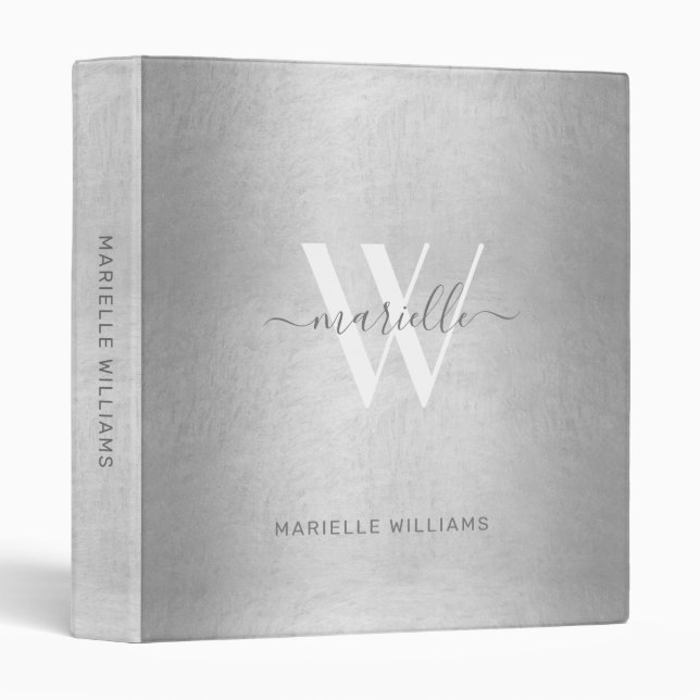 Elegant Silver Monogram Name Modern Script Binder (Front/Spine)