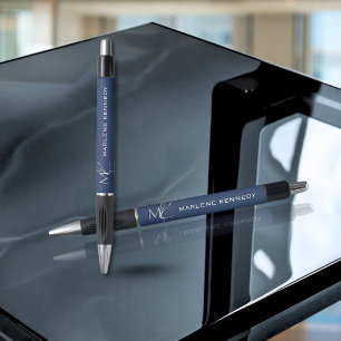 Elegant Silver Monogram Navy Blue Logo Pen