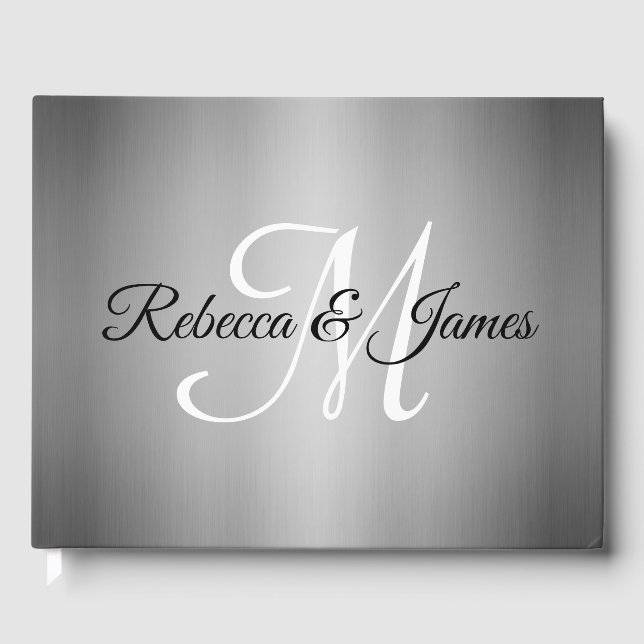 Elegant Silver Monogram Script Wedding Guest Book (Front)