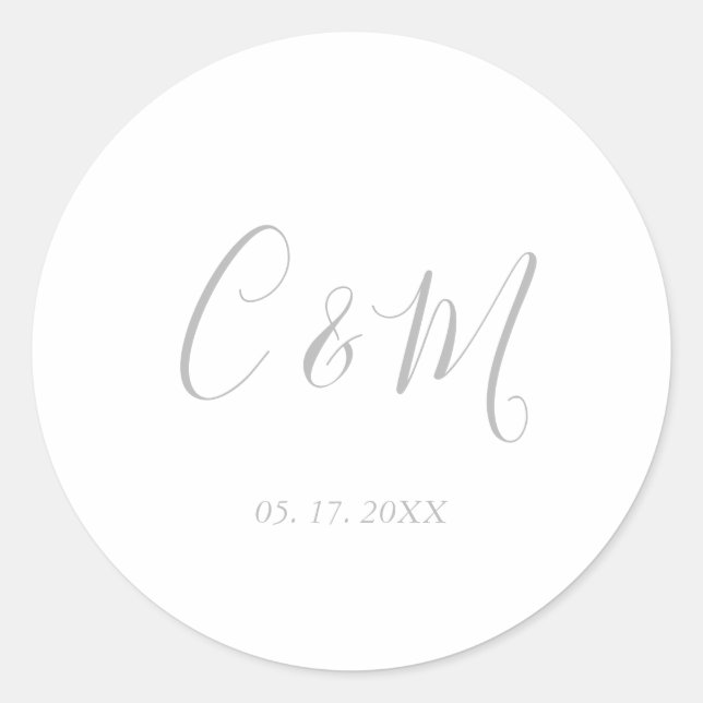 Elegant Silver Monogram Wedding Classic Round Sticker (Front)