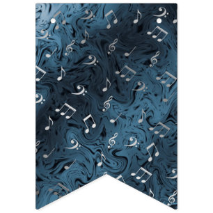 elegant silver music notes in blue bunting flags