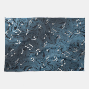 elegant silver music notes in blue kitchen towel