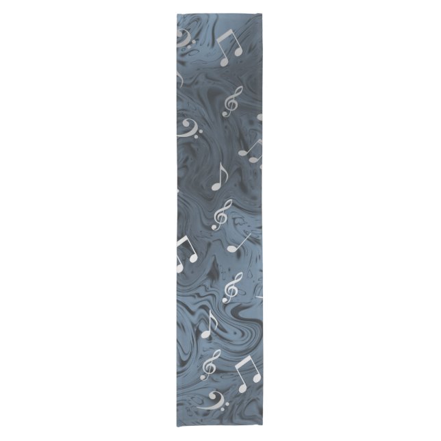 elegant silver music notes in blue short table runner (Front)