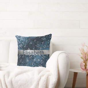 elegant silver music notes in blue throw pillow
