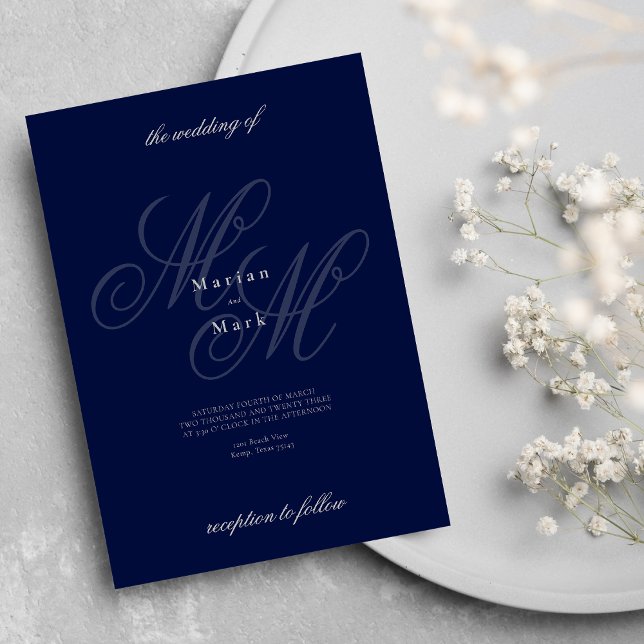 Elegant silver navy blue monogram initial wedding  invitation (Elegant silver navy blue monogram initials wedding )