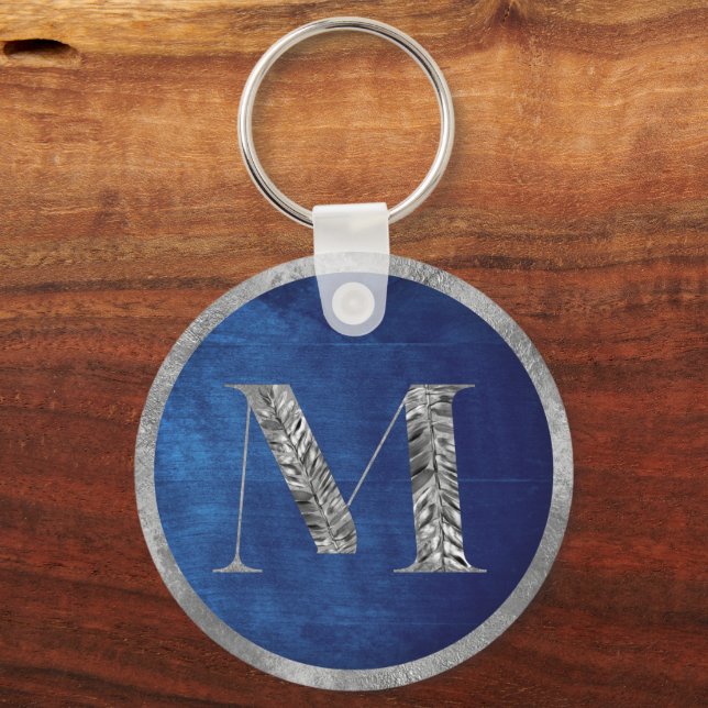 Elegant Silver & Navy Blue Personalized Monogram Keychain (Front)
