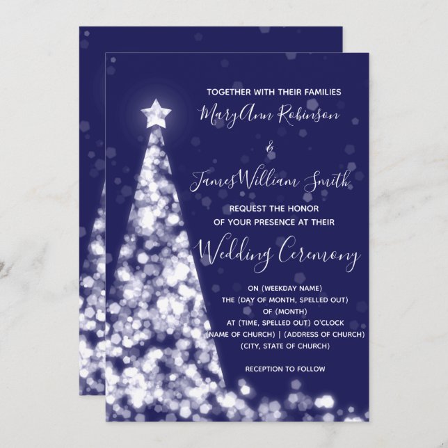 Elegant Silver Navy Christmas Tree Holiday Wedding Invitation (Front/Back)
