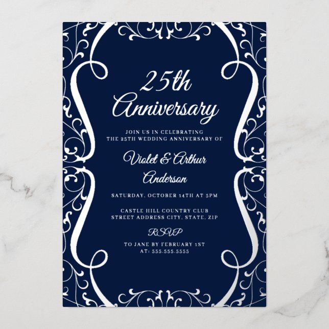 Elegant Silver Navy Swirl 25th Wedding Anniversary (Front)