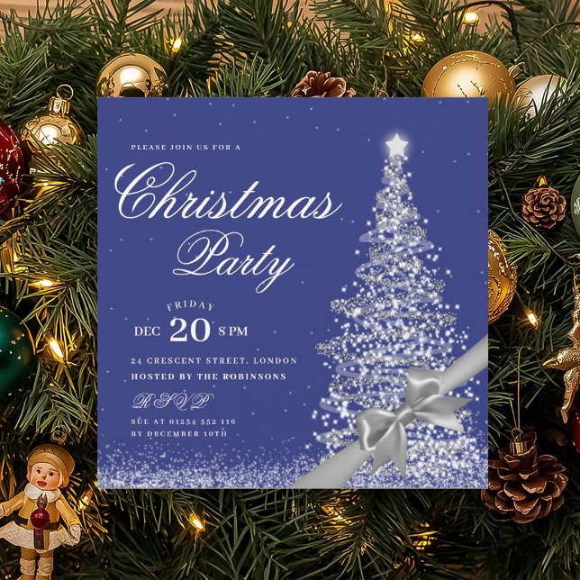 Elegant Silver Navy Winter Christmas Tree Bow  Invitation (Elegant Silver Winter Christmas Tree Bow Invitation)