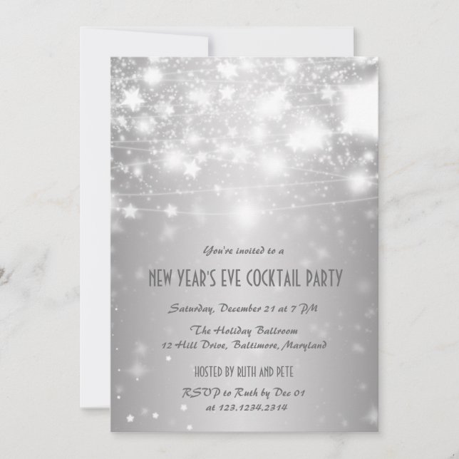Elegant Silver New Year's Eve Party Shining Stars Invitation (Front)