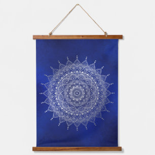 Elegant Silver on Deep Blue Floral Henna Mandala Hanging Tapestry
