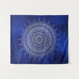 Elegant Silver on Deep Blue Floral Henna Mandala Tapestry